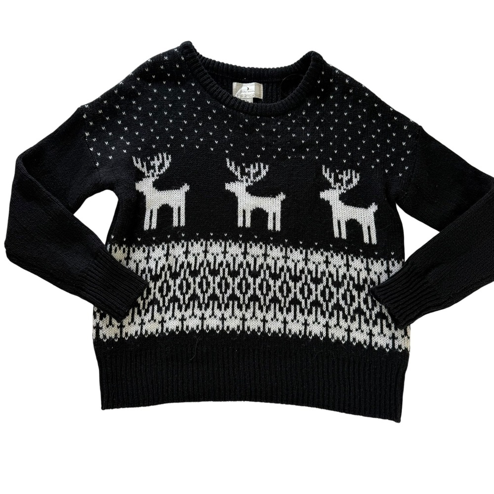 Ruby Moon Reindeer Fair Isle Knit Sweater Black White Wool Blend Womens Medium